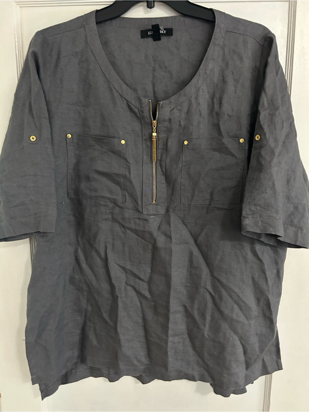 Ellen Tracy Slate Gray Short-Sleeve Zip Front Shirt Linen
